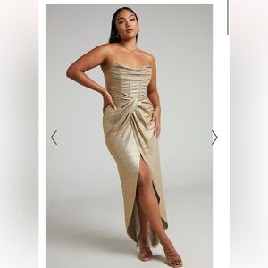 SHOWPO NWT SIZE 16 ADRIE MIDI DRESS - STRAPLESS CORSET BODICE DRESS IN GOLD